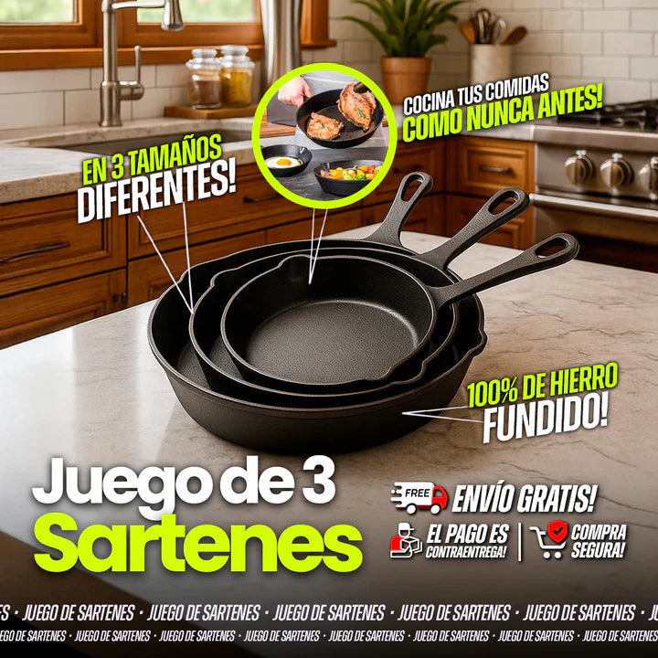Juego De Sartenes, Hierro Fundido, (Grande, mediano y pequeño) (TT)